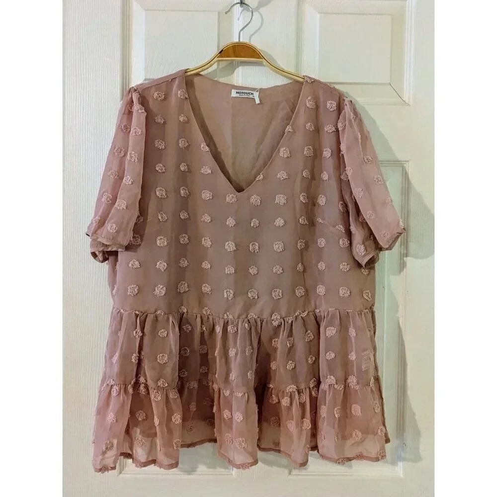 Hotouch Womens Babydoll Top Swiss Dot‎ Ruffle Tiered V Neck Blouse XL NWT